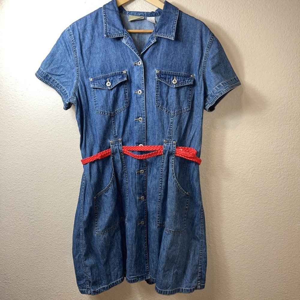 Vintage Liz Claiborne Lizwear Short Sleeve Denim Classic Dress Sz 16 Blue Pocket